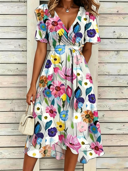 

Women Floral Summer Dress V Neck Short Sleeve A-Line Dress, As picture, Dresses