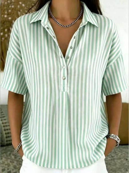

Women Striped Short Sleeve Shirt Vintage Daily Summer Top, Lightgreen, Blouses