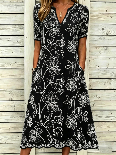

Women Floral Summer Dress Short Sleeve A-Line Dress, Black, Dresses
