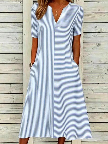 

Women Striped Summer Dress Short Sleeve A-Line Dress, Blue, Dresses