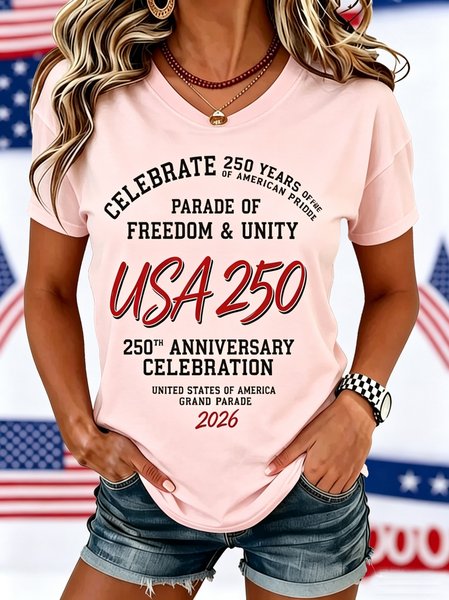 

Casual Text Letters Crew Neck Short Sleeve T-shirt, Pink, T-shirts