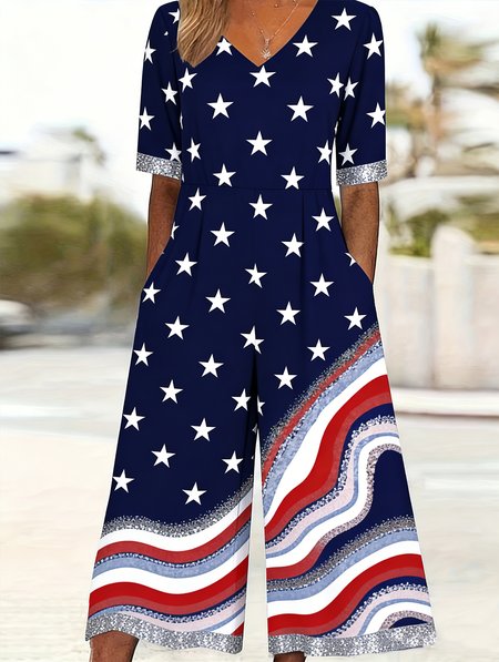 

Women Striped V Neck Half Sleeve Vintage Summer Jumpsuit, Purplish blue, Jumpsuits&Rompers