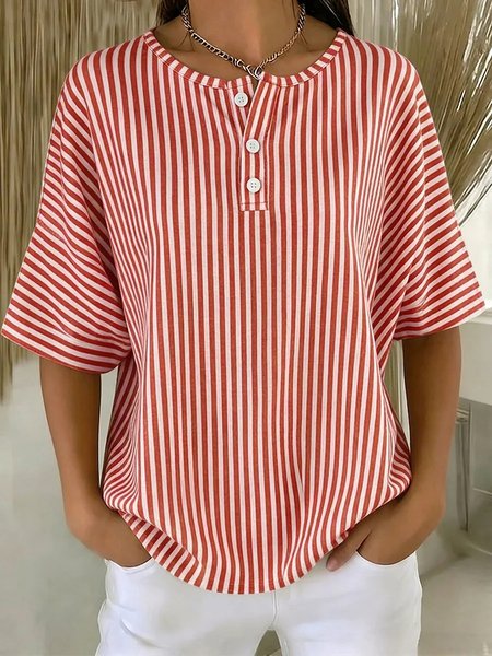 

Half Sleeve Striped Regular Micro-Elasticity Loose Shirt For Women, Red, T-shirts