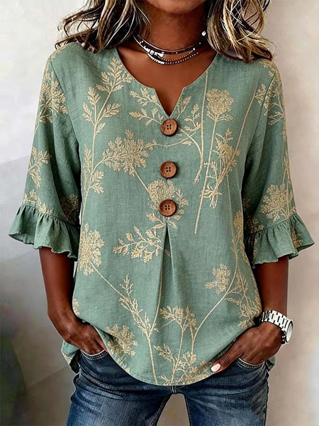 

V Neck Half Sleeve Floral Printing Regular Micro-Elasticity Regular Fit Blouse For Women, Green, Blouses
