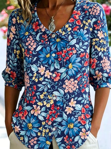Shawl Collar Half Sleeve Floral Regular Loose Shirt For Women