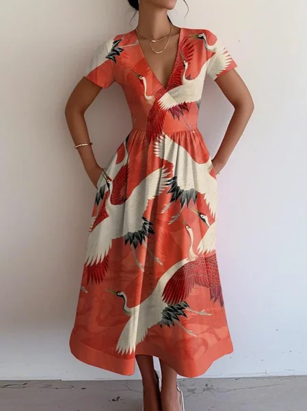 

Women Animal Summer Dress V Neck Short Sleeve A-Line Dress, Red, Dresses