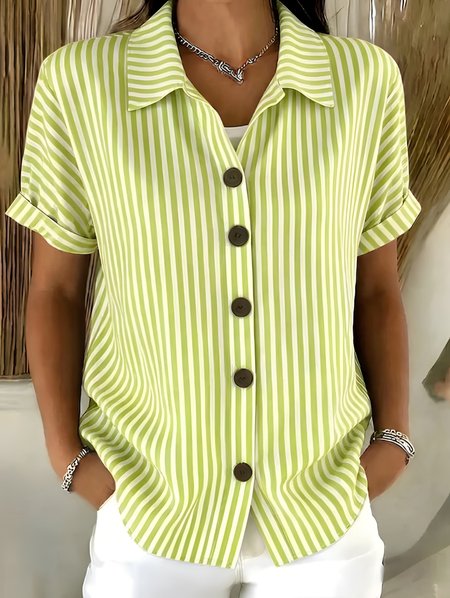 

Shawl Collar Short Sleeve Striped Regular Micro-Elasticity Loose Shirt For Women, Green, Shirts