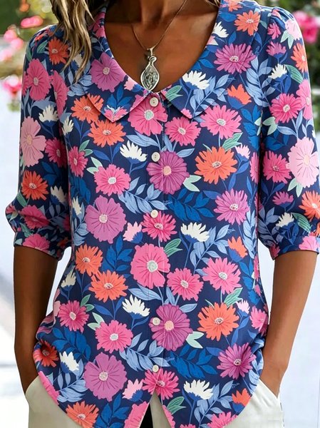 

Shawl Collar Half Sleeve Floral Regular Loose Shirt For Women, Multicolor, Shirts