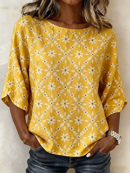 

Crew Neck Half Sleeve Floral Printing Regular Micro-Elasticity Regular Fit Blouse For Women, Yellow, Blouses