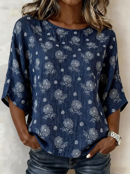 

Women Floral Crew Neck Half Sleeve Blouse Printing Vintage Daily Summer Top, Navyblue, Blouses