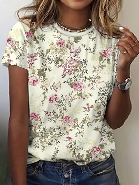 

Women Floral Short Sleeve Tee T-shirt Crew Neck Printing Casual Graphic Tee Summer Top, As picture, T-Shirts