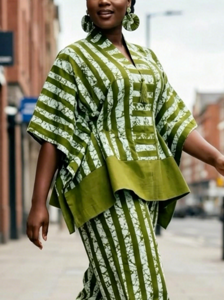 

Urban Striped Printing V Neck Blouse, Green, Blouses and Shirts