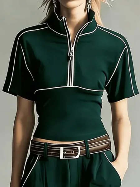 Casual Color Block Stand Collar Blouse