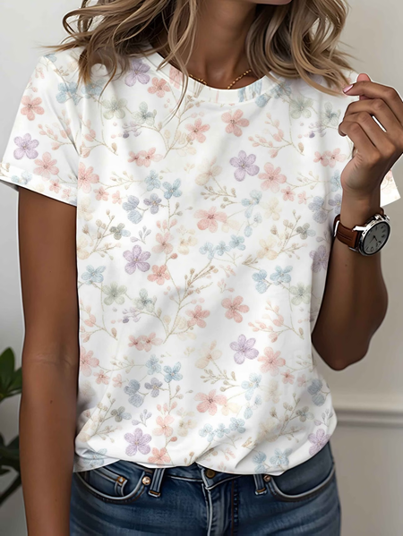 

Casual Floral Crew Neck Short Sleeve T-shirt, White, T-shirts