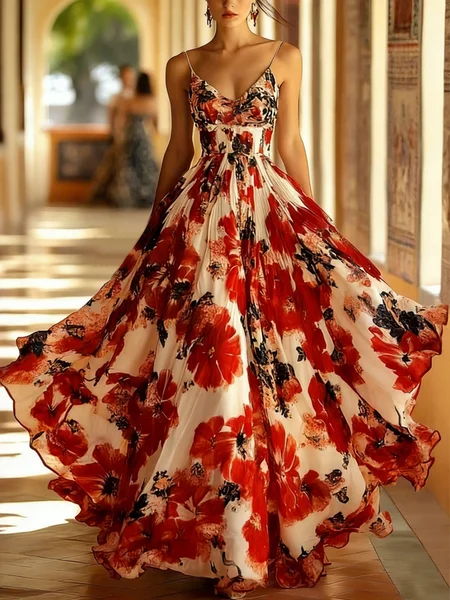 Vacation Floral Printing Spaghetti Maxi Dress