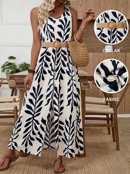 

Women Leaf Summer Printing Dress Crew Neck Sleeveless Tank A-Line Dress, Purplish blue, Dresses
