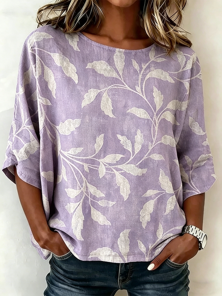 Crew Neck Half Sleeve Leaf Lightweight Loose Shirt For Women