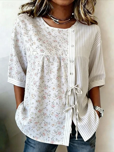 

Women Striped Crew Neck Half Sleeve Shirt Vintage Daily Summer Top, White, Shirts