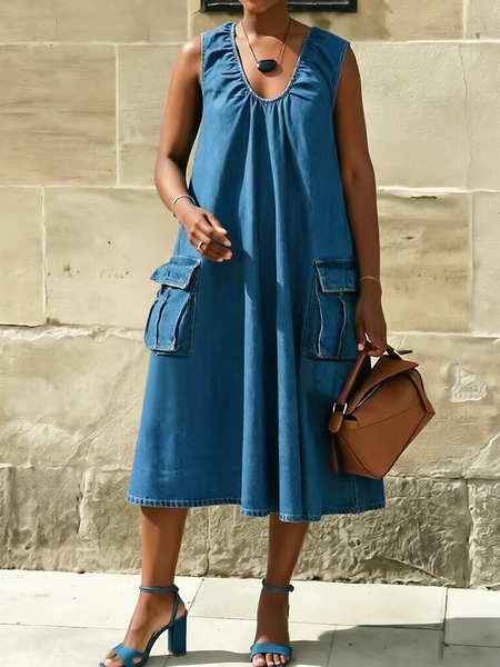 

Denim Urban Plain Crew Neck Midi Dress, Denim blue, Midi Dresses