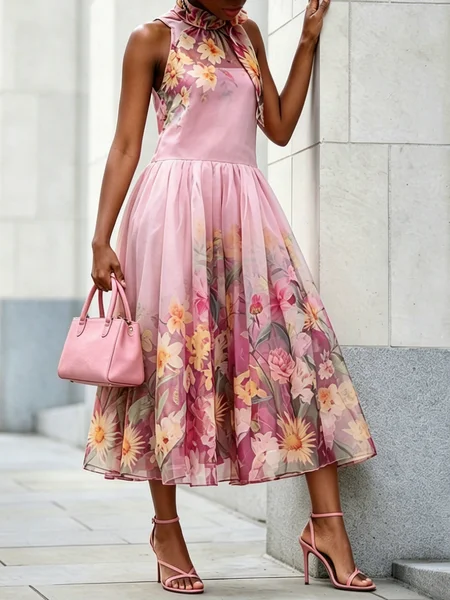 Elegant Floral Stand Collar Midi Dress