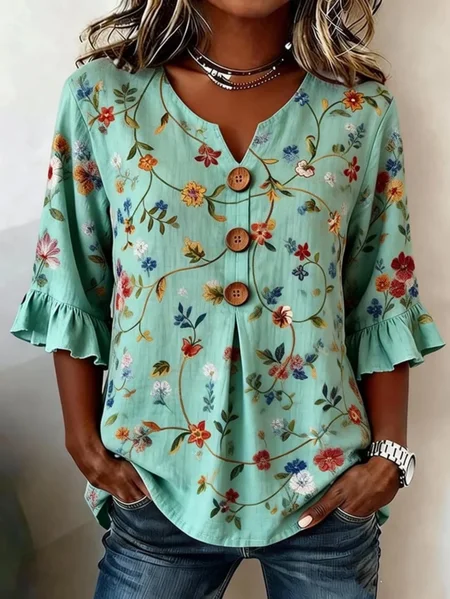Women Floral V Neck Half Sleeve Blouse Printing Vintage Daily Summer Top