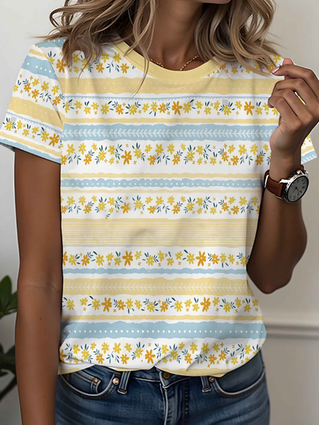 

Casual Floral Crew Neck Short Sleeve T-shirt, Yellow, T-shirts