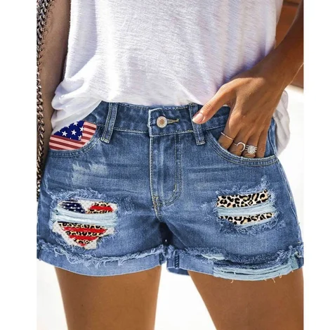 

American Flag Denim Straight Leg Button Fly Going Out Cauual Shorts, Light blue, Denim Shorts