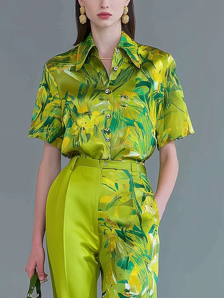 Satin Urban Random Print Printing Shirt Collar Shirt