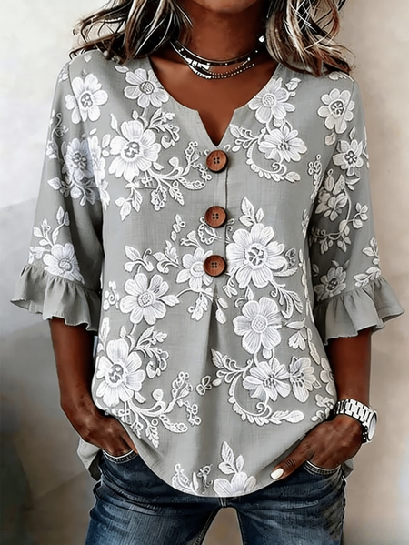 

V Neck Half Sleeve Floral Printing Regular Micro-Elasticity Regular Fit Blouse For Women, Gray, Blouses