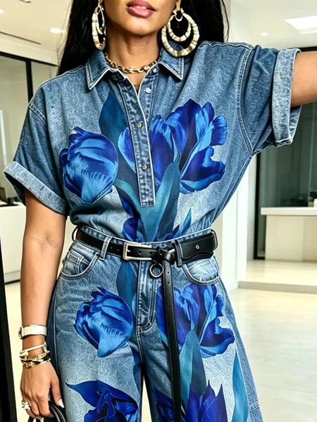 

Denim Casual Floral Printing Shirt Collar Shirt, Blue, Blouses and Shirts