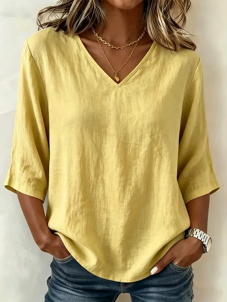 V Neck Three Quarter Sleeve Plain Regular Loose Blouse For Women