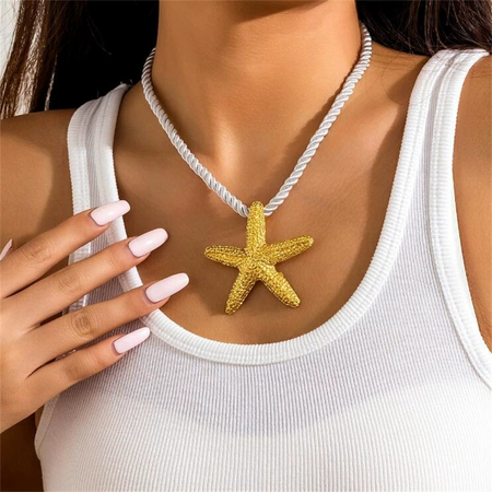 

Summer Cyan Marine Life Going Out Beach Vacation Natural Starfish Shape Pendant Necklace, Golden, Necklace