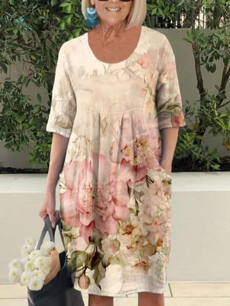 

Women Floral Summer Dress Crew Neck Short Sleeve O-Line Dress, As picture, Dresses
