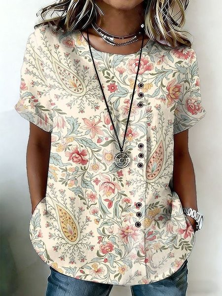 

Crew Neck Short Sleeve Floral Regular Loose Shirt For Women, Apricot, Blouses