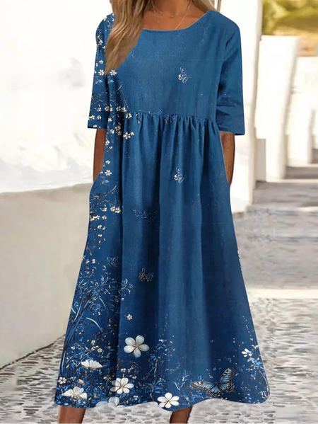 

Women Floral Summer Dress Crew Neck Half Sleeve A-Line Dress, Blue, Dresses