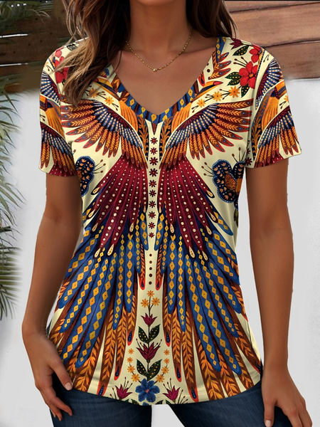 

Vintage Ethnic V Neck Short Sleeve T-shirt, As picture, T-shirts