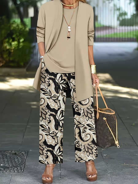 

Women Floral Printing Matching Outfit Daily Long Sleeve Casual Spring/Fall Multi-Piece Set Matching Set, Khaki, Suit Set