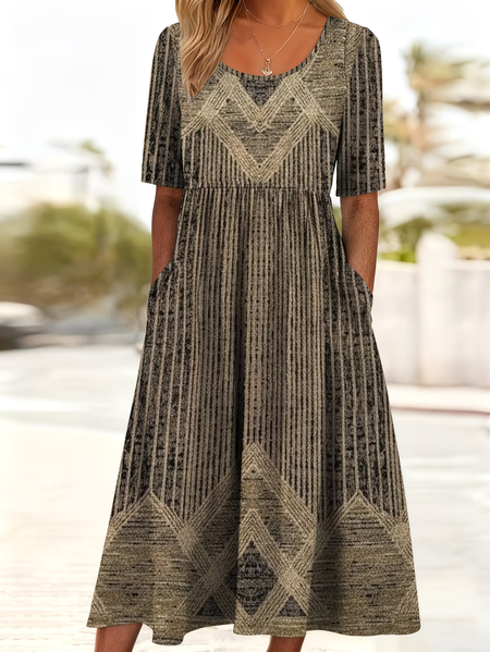 

Women Abstract Summer Printing Dress Crew Neck Short Sleeve Shift Dress H-Line Dress, Brown, Dresses