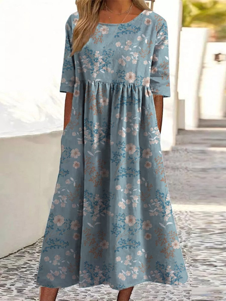 

Women Floral Summer Dress Crew Neck Half Sleeve A-Line Dress, Blue, Dresses