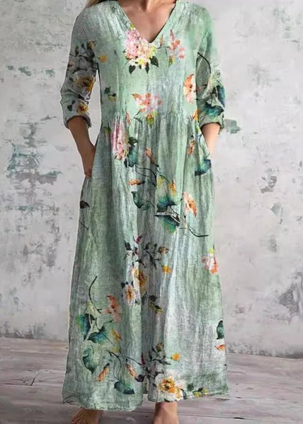 

Women Floral Spring/Fall Dress V Neck Long Sleeve T-Shirt Dress A-Line Dress, Green, Dresses
