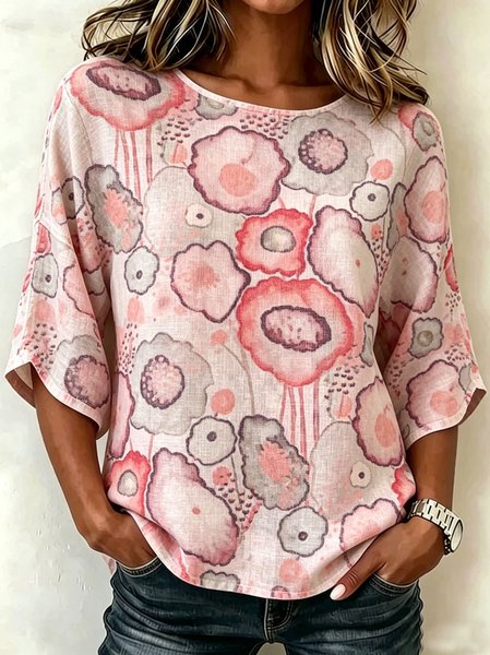 

Crew Neck Half Sleeve Floral Regular Loose Blouse For Women, Pink, Blouses