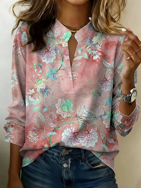 

V Neck Long Sleeve Floral Regular Loose Blouse For Women, Pink, Blouses