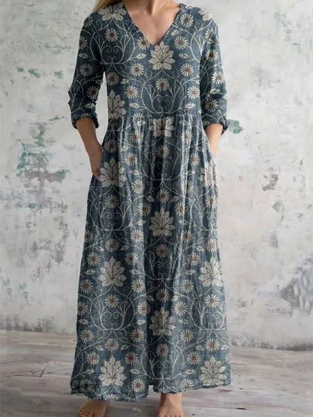 

Women Floral Spring/Fall Dress V Neck Long Sleeve T-Shirt Dress A-Line Dress, Denim blue, Dresses