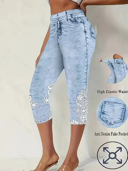 

Women Lace Capris Elastic Waist Pants Casual Summer Trousers, Blue, Shorts
