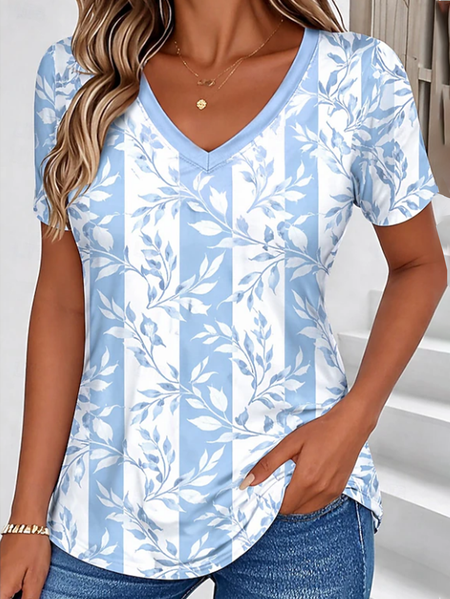 

Vintage Floral V Neck Short Sleeve T-shirt, Blue, T-shirts