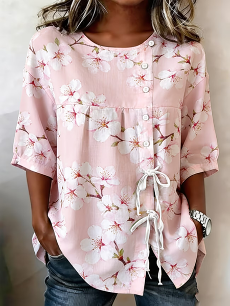 

Women Floral Crew Neck Half Sleeve Shirt Vintage Daily Summer Top, Pink, Shirts