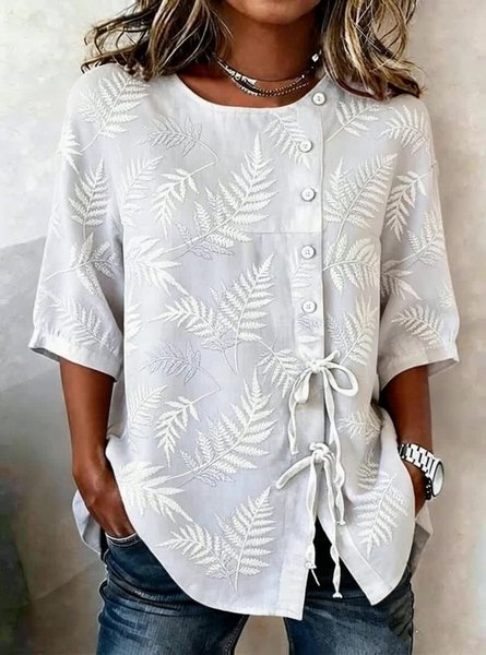 

Crew Neck Half Sleeve Floral Regular Loose Blouse For Women, White, Blouses