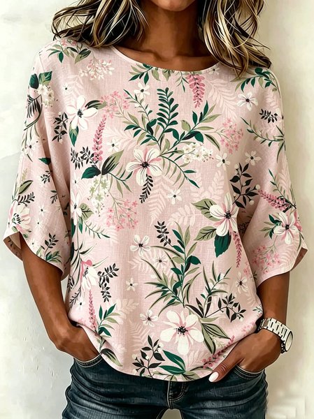

Crew Neck Half Sleeve Floral Regular Loose Blouse For Women, Pink, Blouses