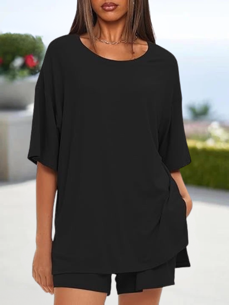 

Women Plain Drawstring Two-Piece Set Daily Half Sleeve Casual Summer Top With Pants Matching Set, Black, Suit Set