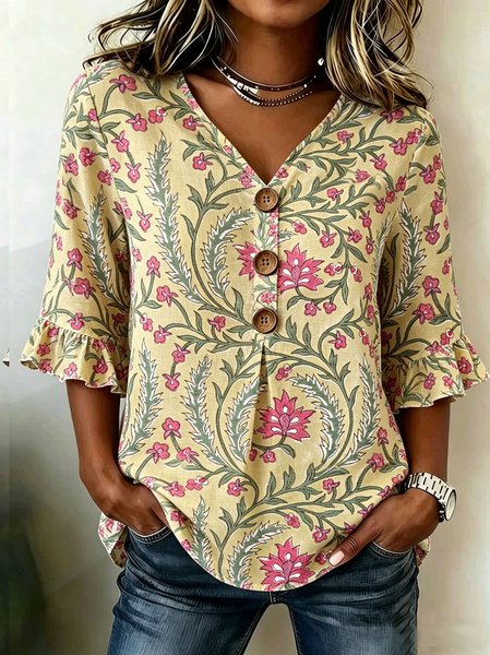 

V Neck Half Sleeve Floral Regular Regular Fit Blouse For Women, Yellow, Blouses